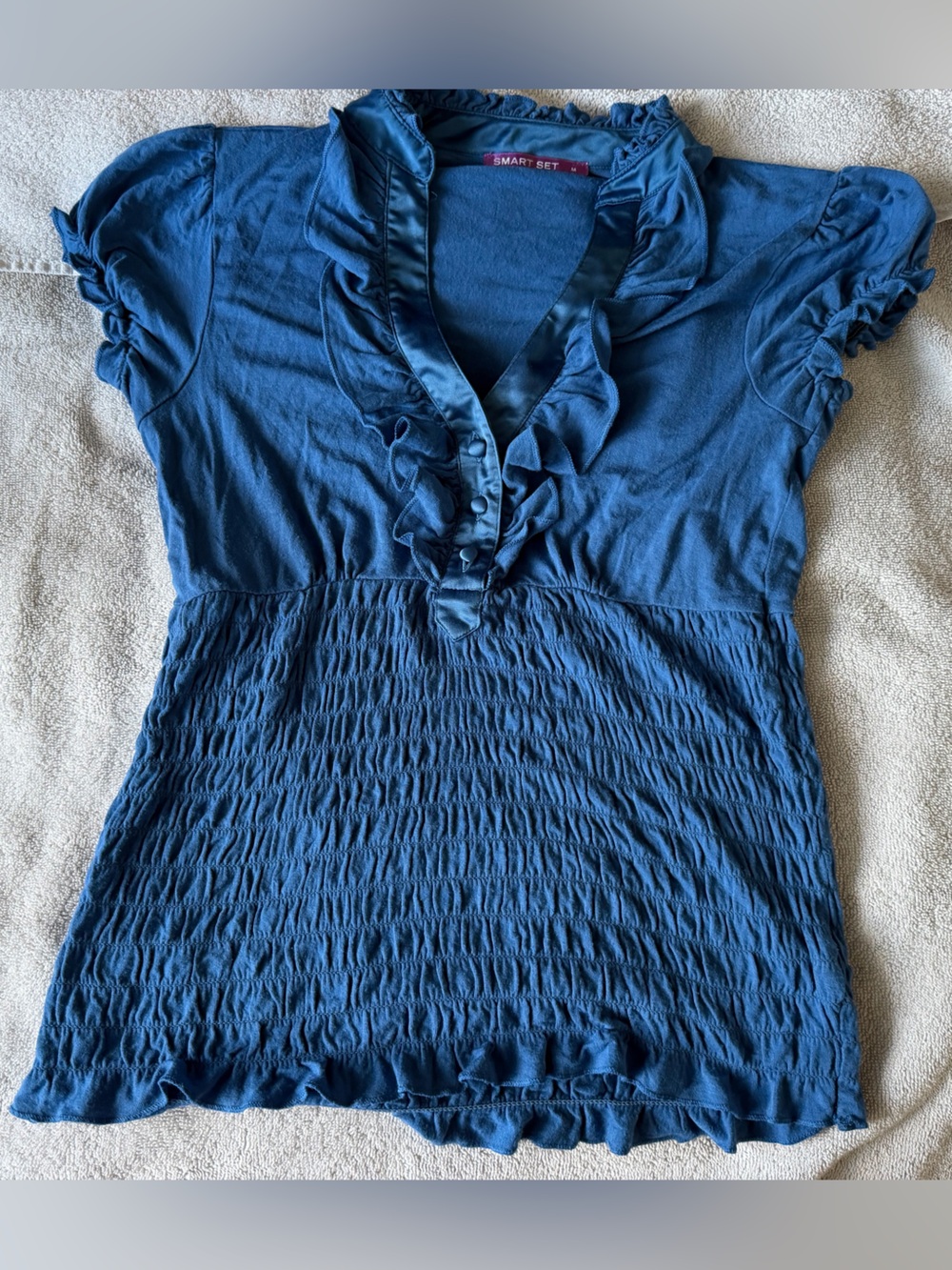 Smart Set Blue Ruffled Button-Front Smocked Top